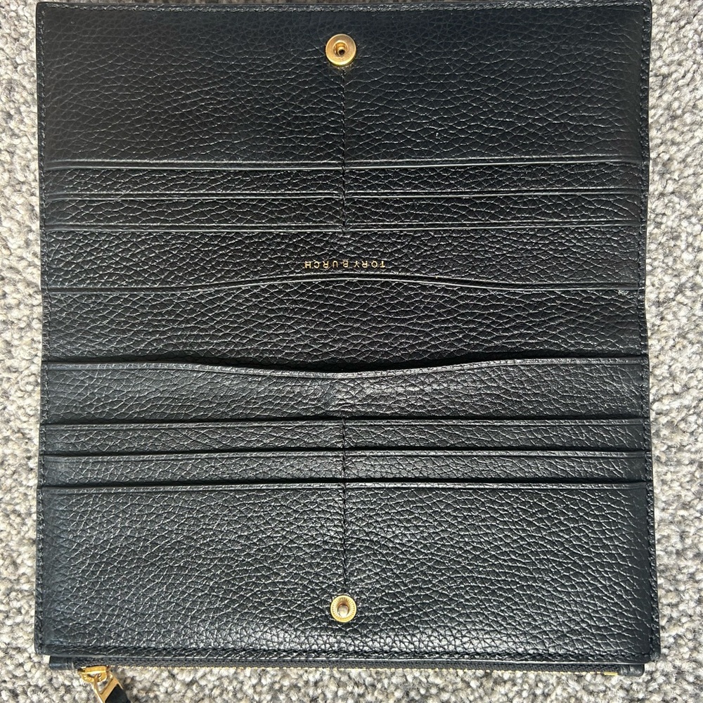 Tory Burch Black Pebbled Leather Wallet with Gold Logo - Picture 3 of 6